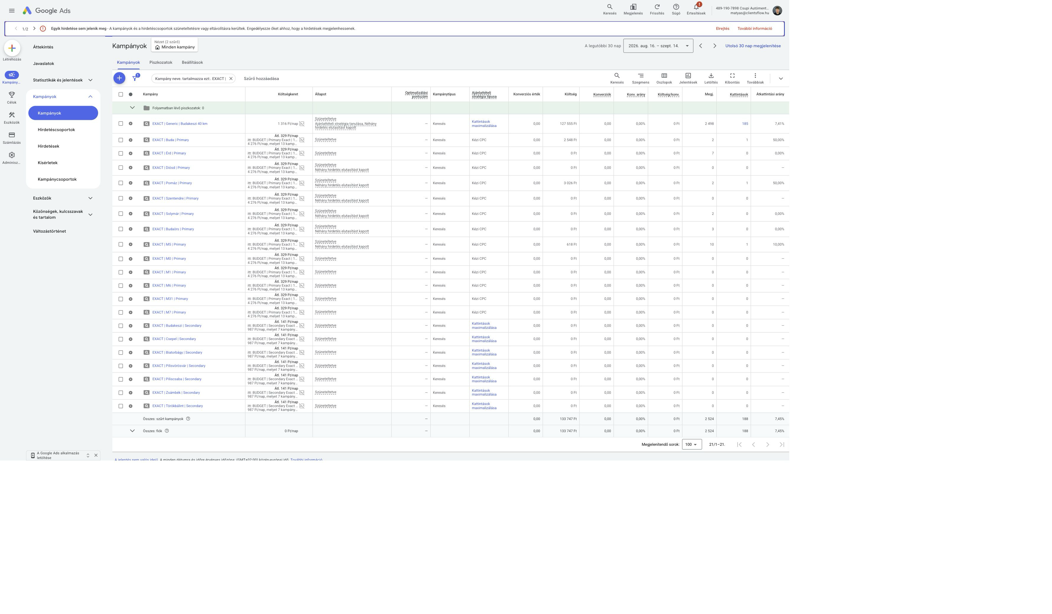 Google Ads exact campaign table