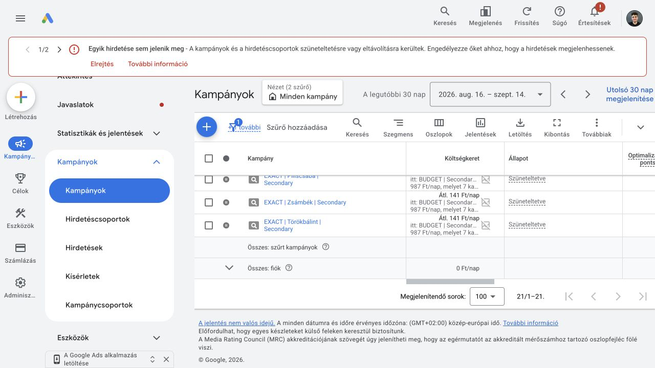 Google Ads lower exact campaign rows