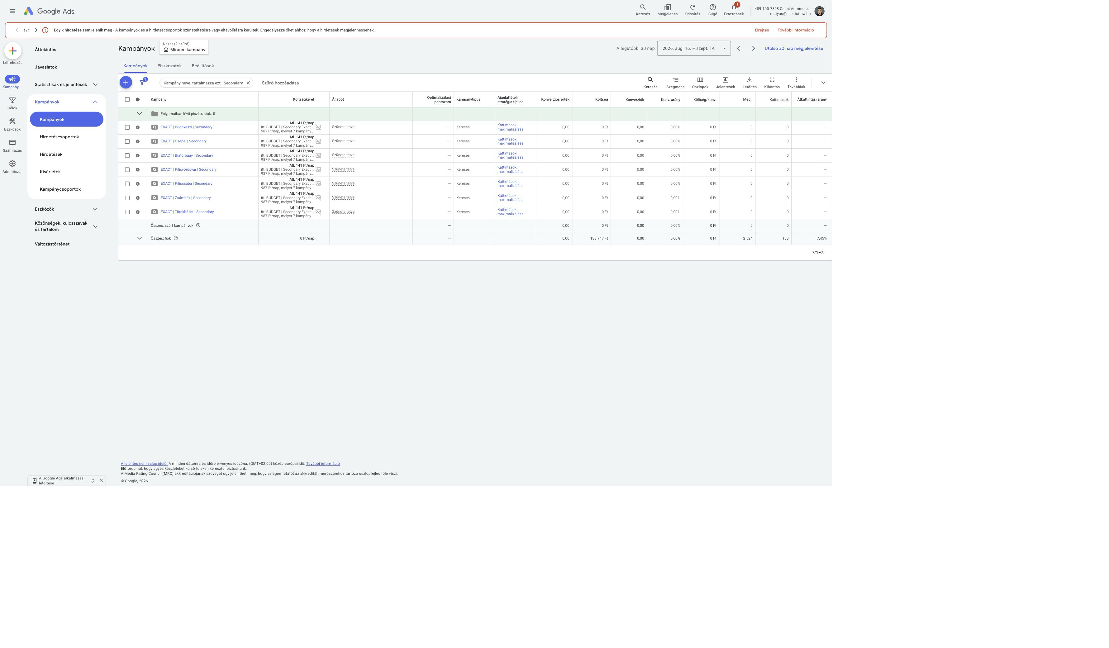Google Ads Secondary campaign table