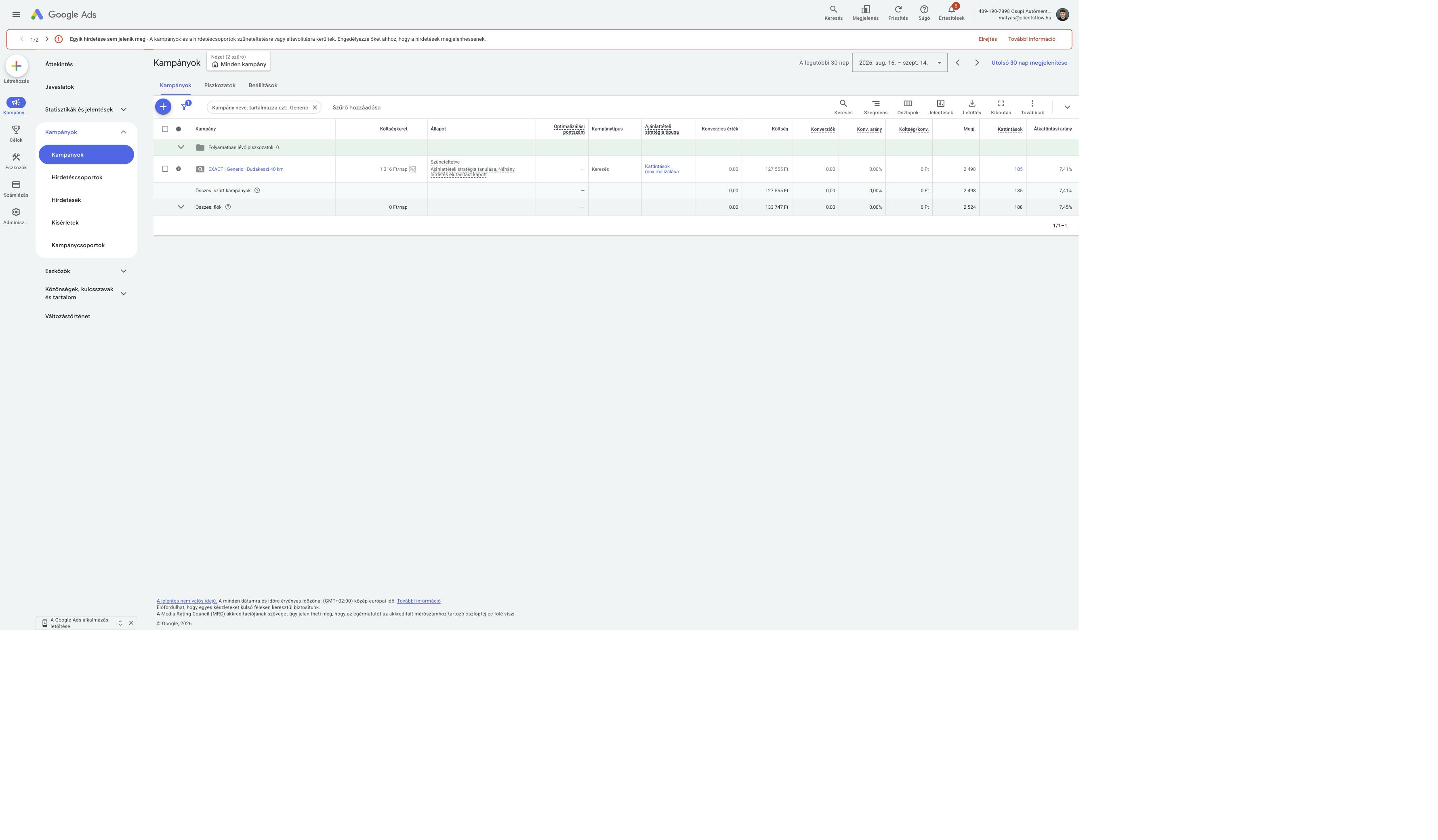Google Ads Generic campaign table