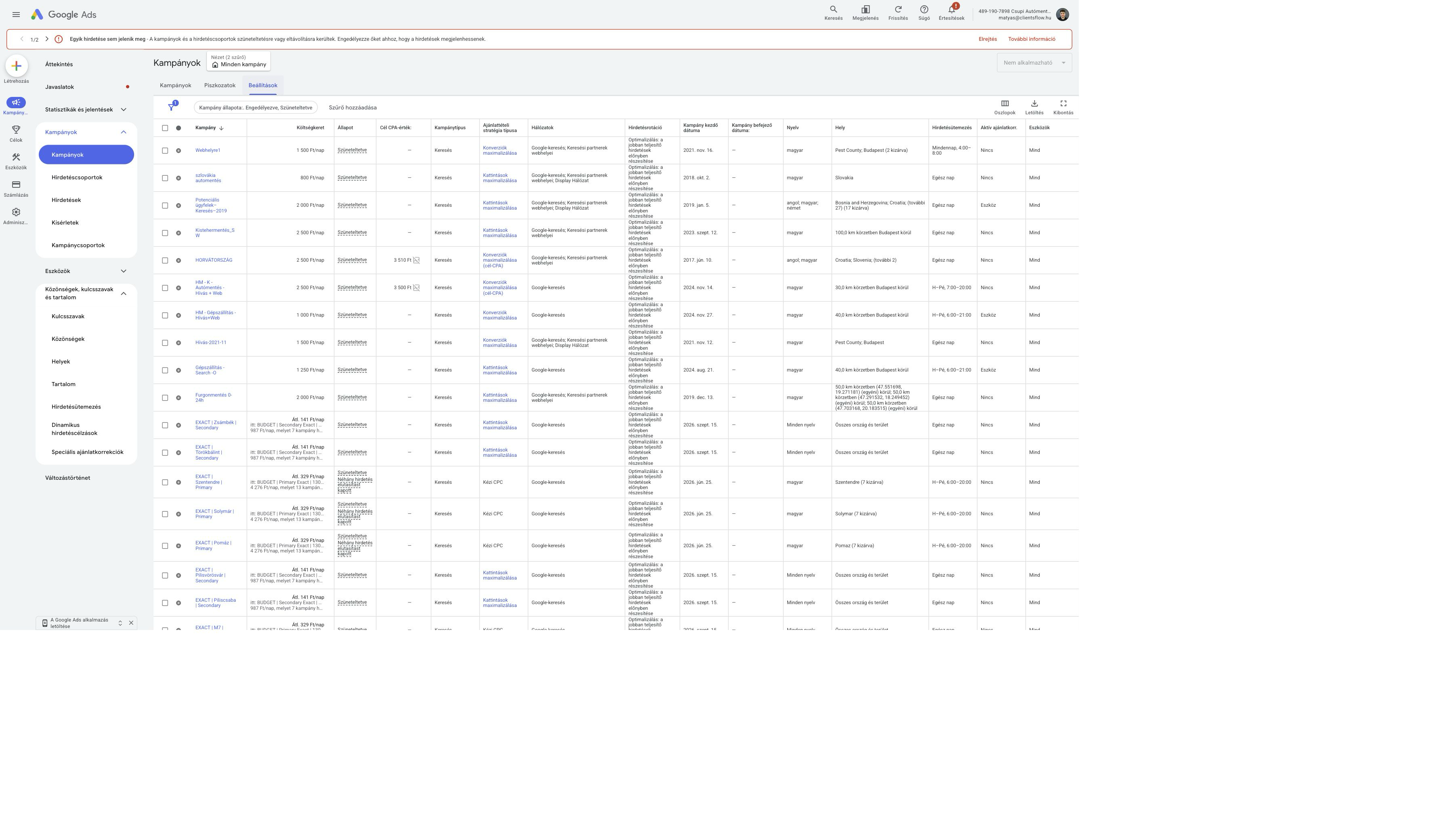 Google Ads campaign settings table