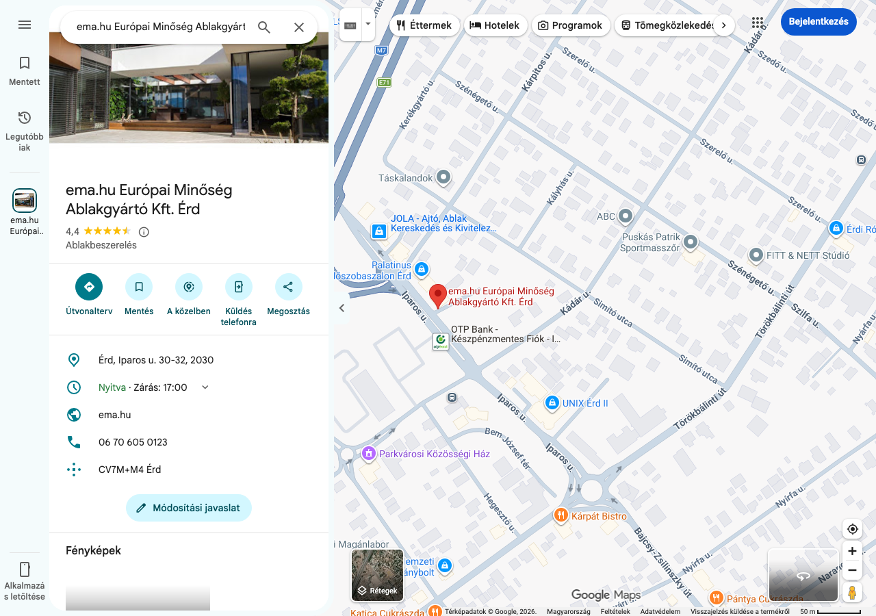 Az EMA Érdi bemutatótermének Google Térkép profilja, 4,4 csillag