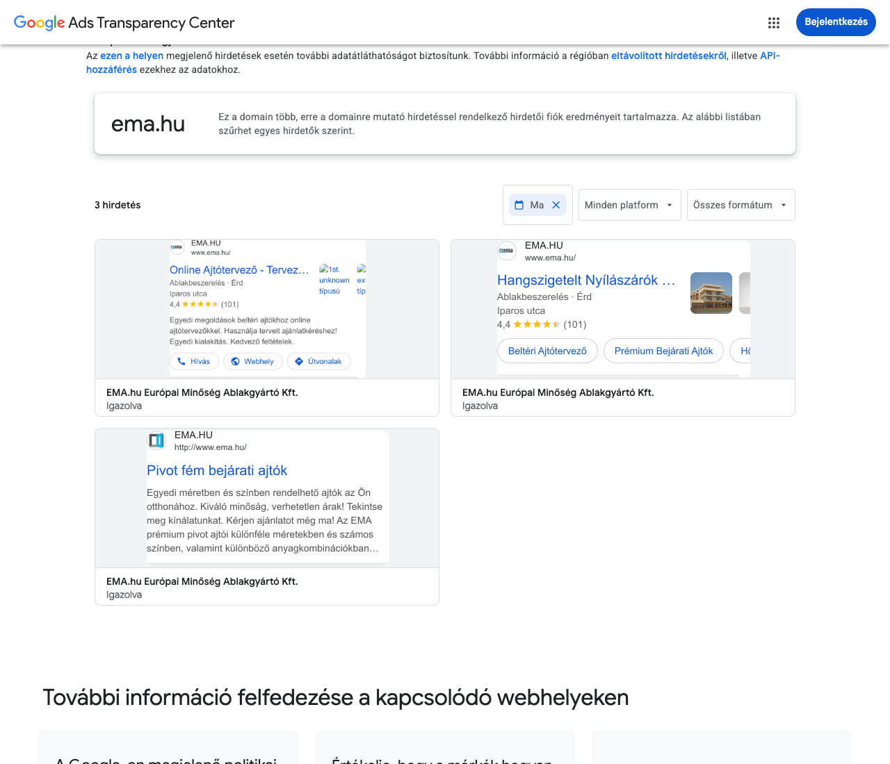 Google Hirdetésátláthatósági Központ, ema.hu, Ma szűrő, 3 hirdetés