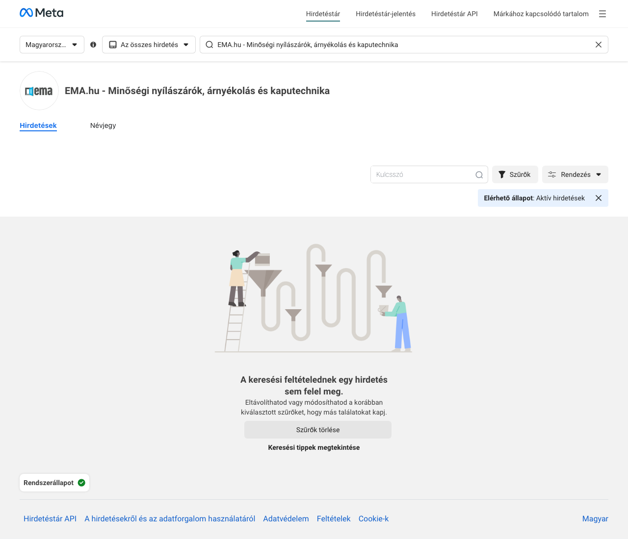 Meta Hirdetéstár, EMA oldal, aktív szűrő, nincs találat