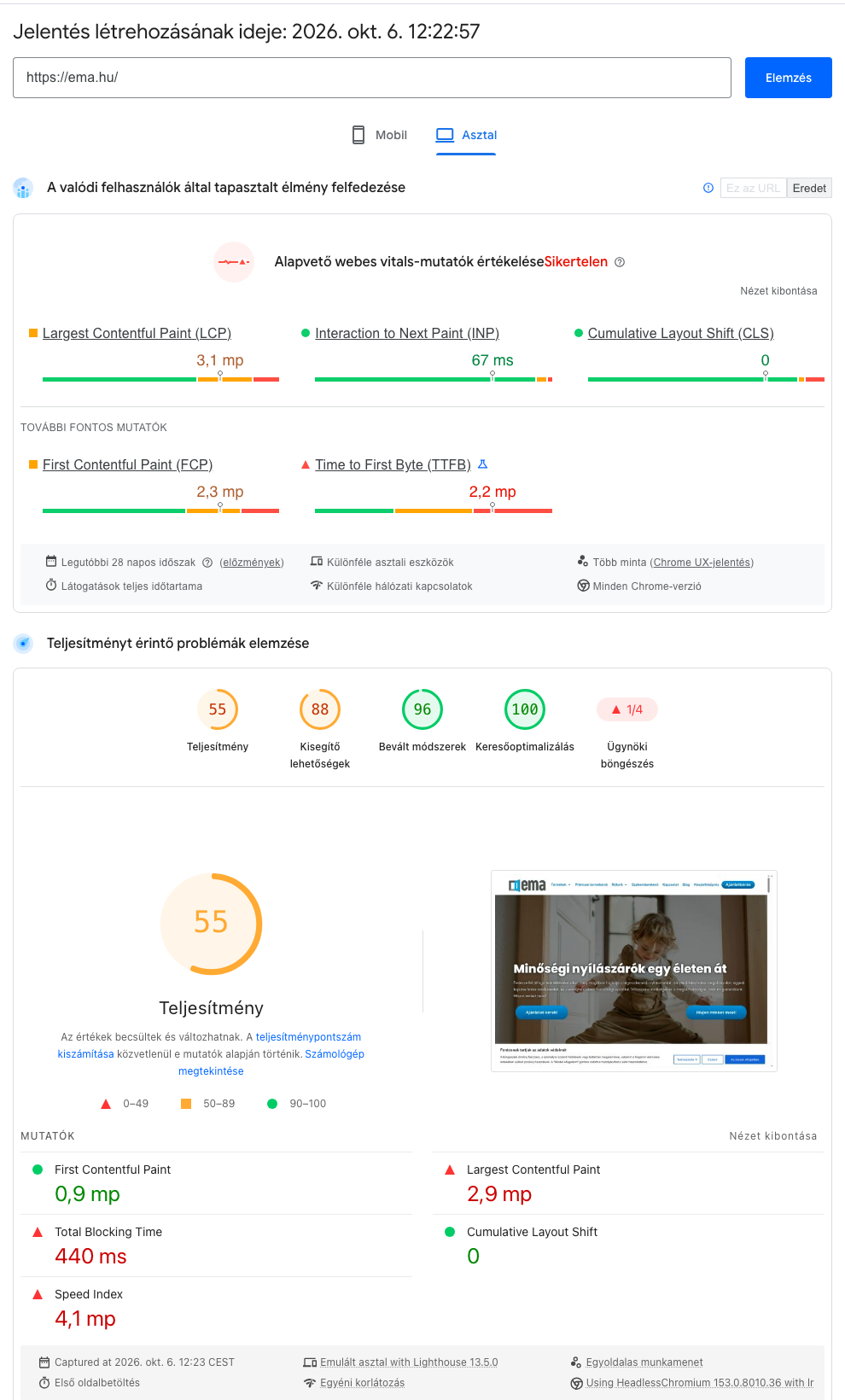 PageSpeed Insights asztali eredmény: teljesítmény 55, LCP 2,9 s