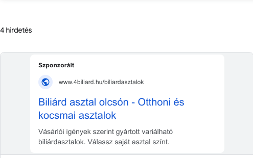 4Biliárd.hu Google keresési hirdetés olcsó biliárdasztal szöveggel