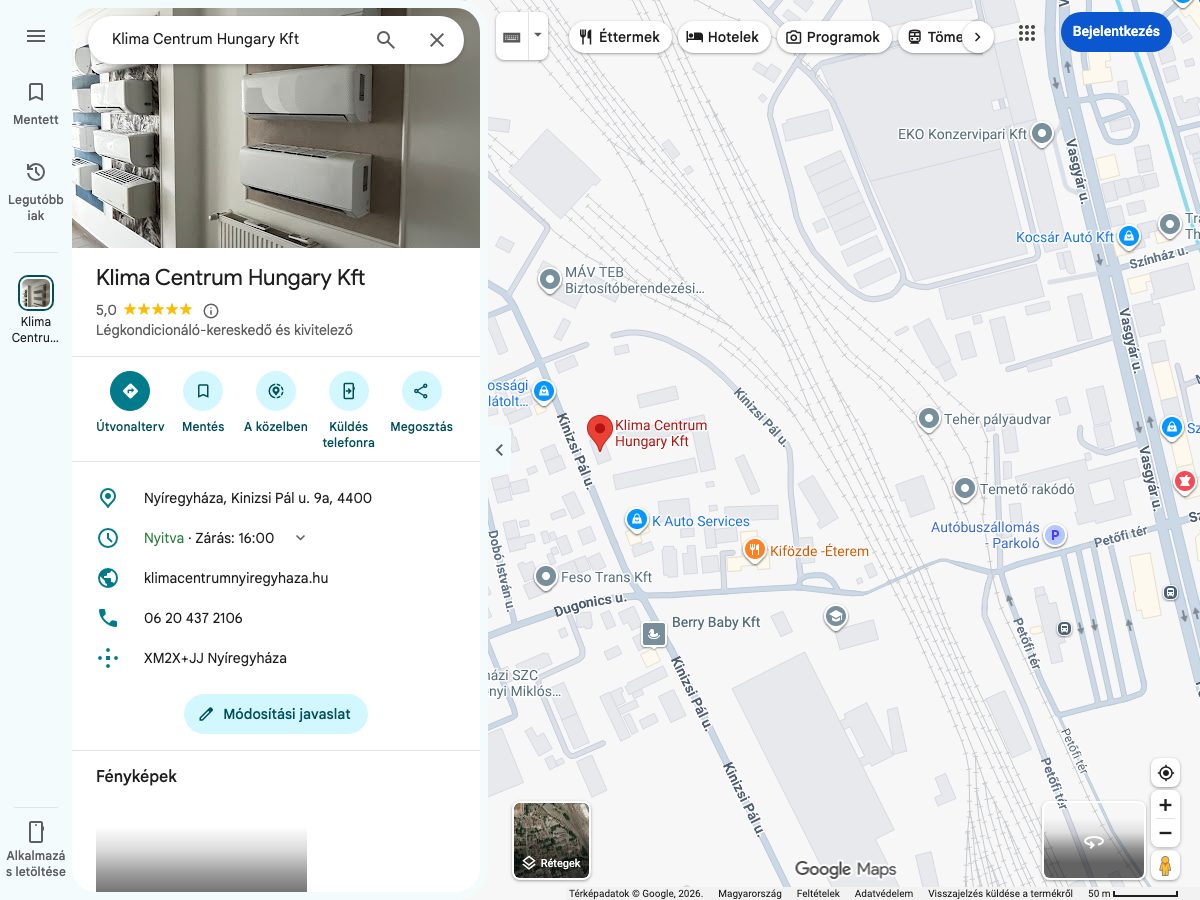 A Klima Centrum Hungary Kft Google Térkép profilja, 5,0 csillag