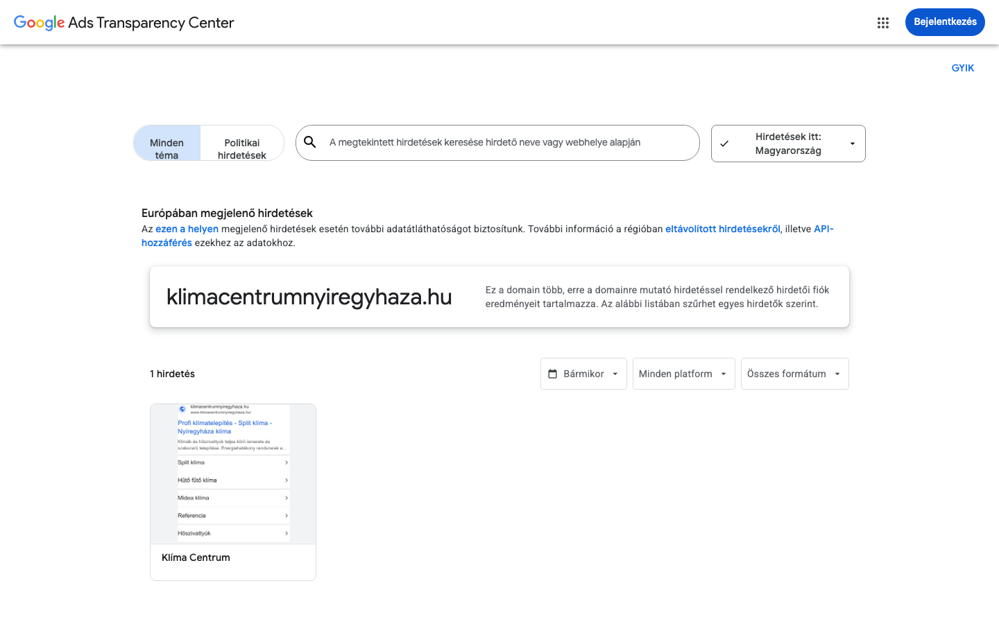 Google Hirdetésátláthatósági Központ: 1 hirdetés a klimacentrumnyiregyhaza.hu domainre