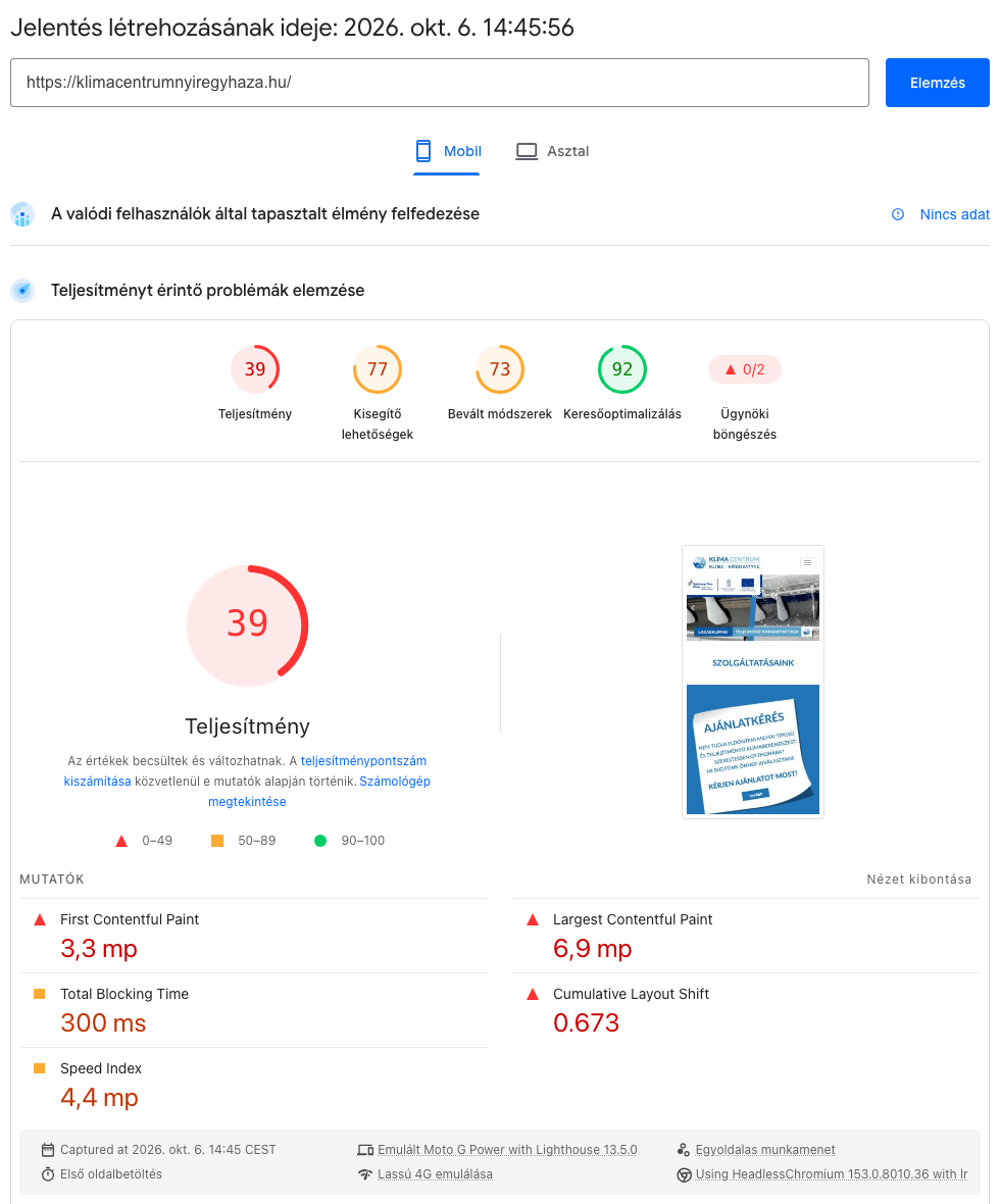 PageSpeed Insights mobil eredmény: teljesítmény 39, LCP 6,9 s, CLS 0,673