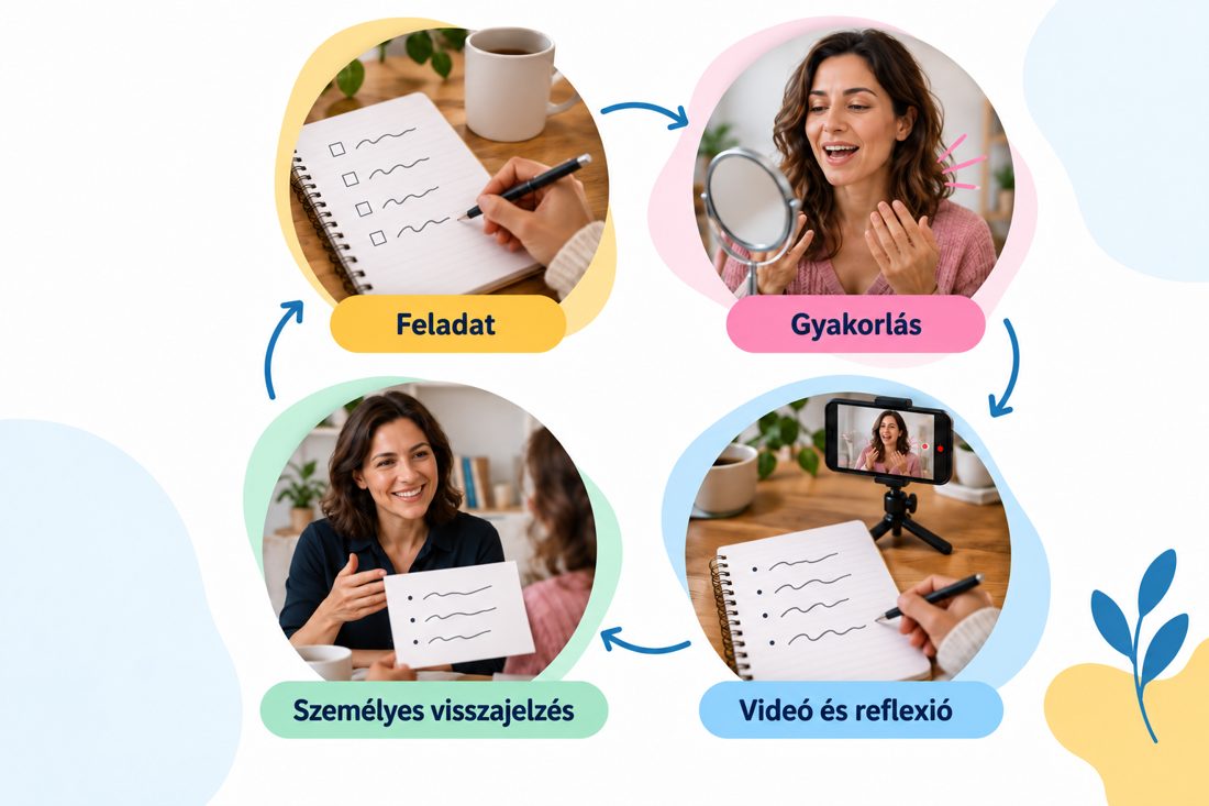 Feladat, gyakorlás, videó és reflexió, személyes visszajelzés körforgása