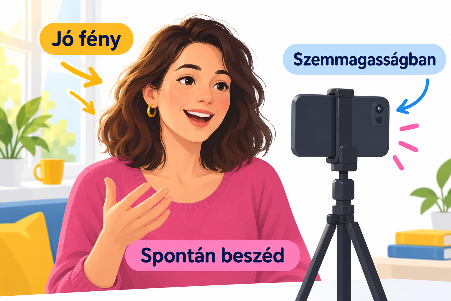 Telefon szemmagasságban, jó fény, spontán beszéd