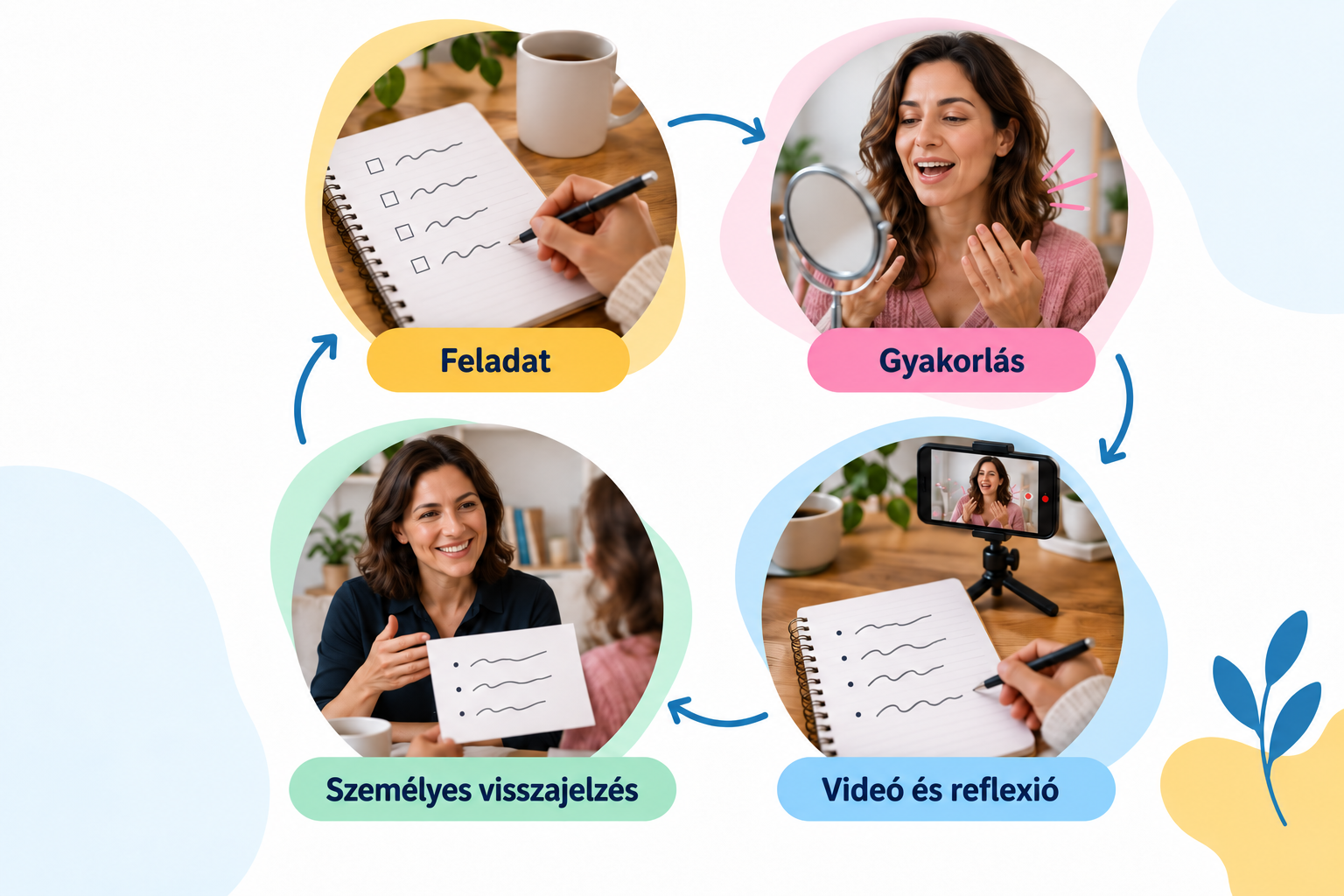 Feladat, gyakorlás, videó és reflexió, személyes visszajelzés