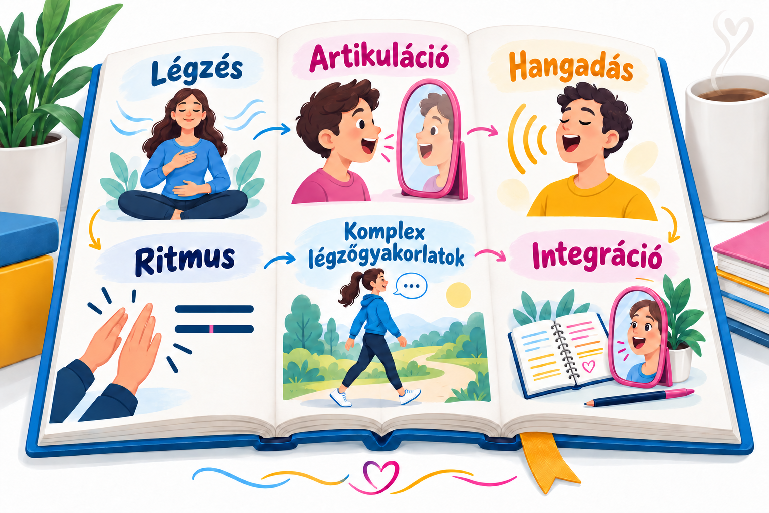 Illusztráció egy nyitott könyvről a témákkal: légzés, artikuláció, hangadás, ritmus, integráció