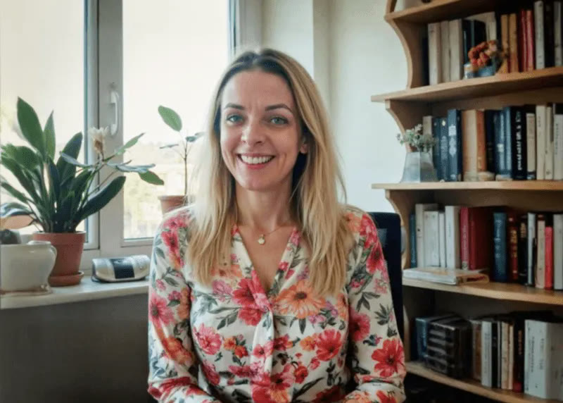 Nagy Rita Gréta mosolyogva ül a könyvespolcos irodájában