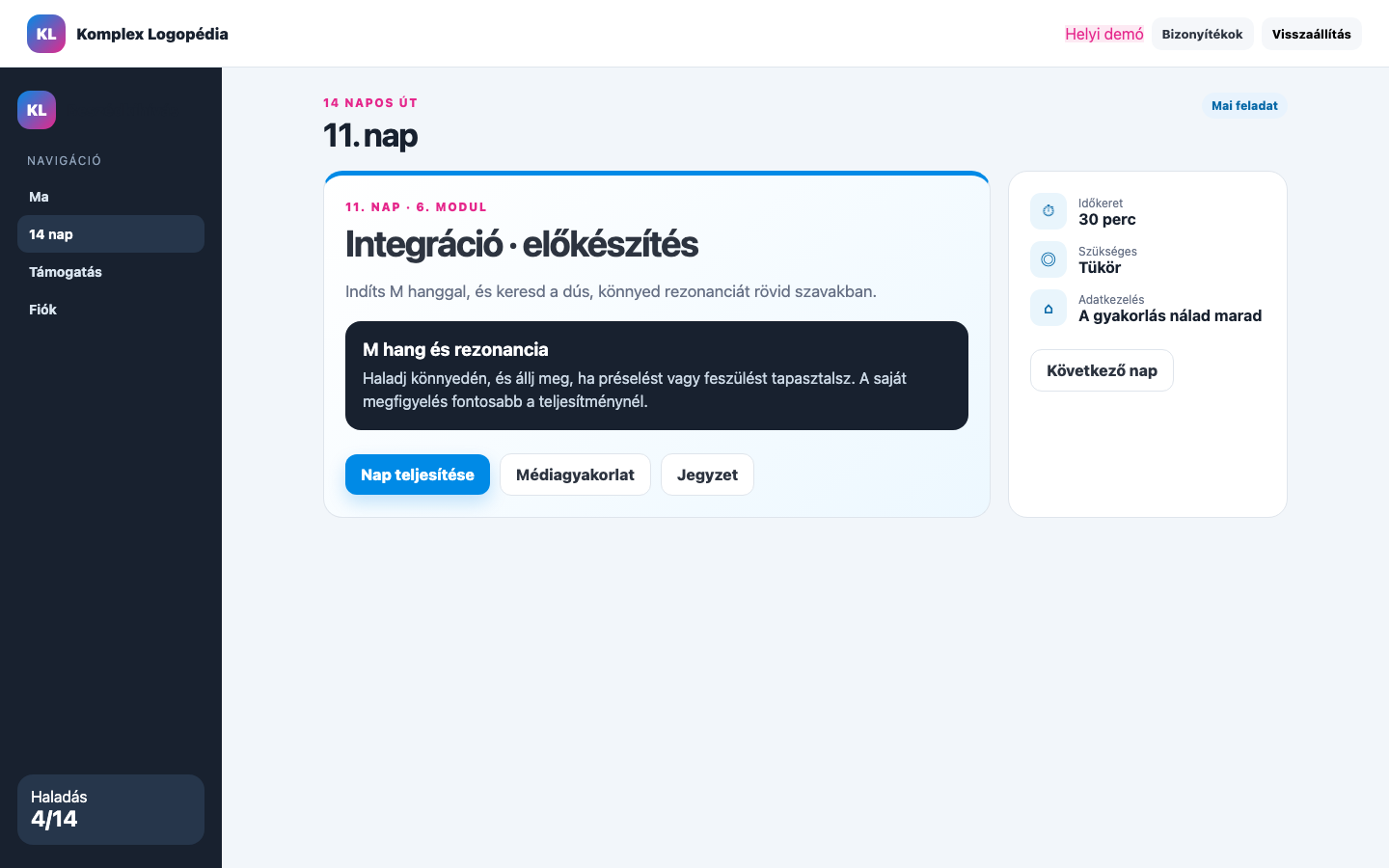 11. nap · Integráció · előkészítés asztali nézet