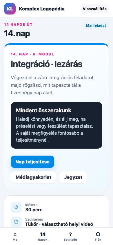 14. nap · Integráció · lezárás mobil nézet